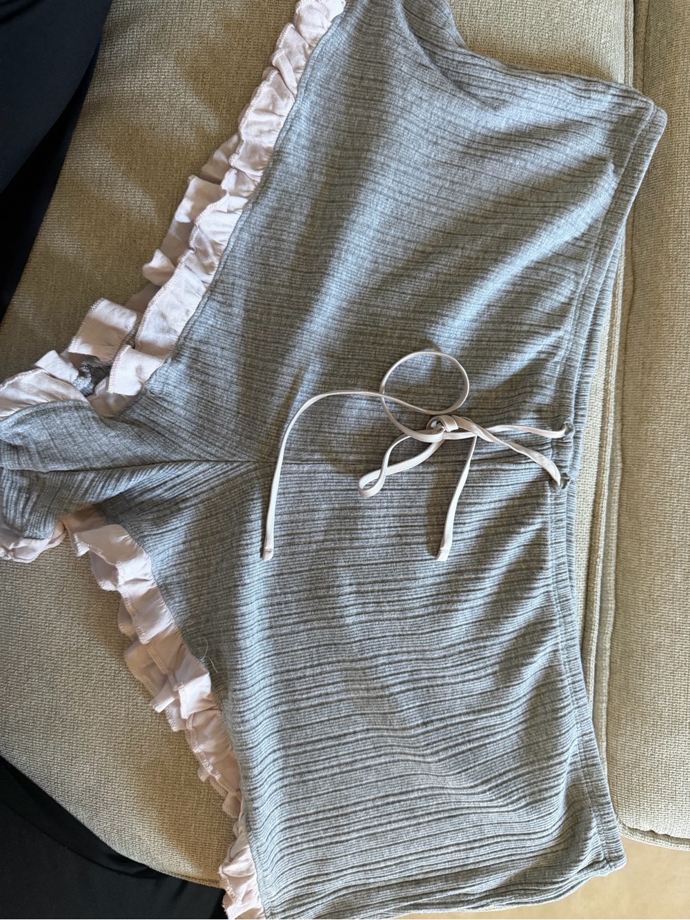 Victoria's Secret Light Gray Ribbed Lounge Shorts with Pale Pink Ruffle